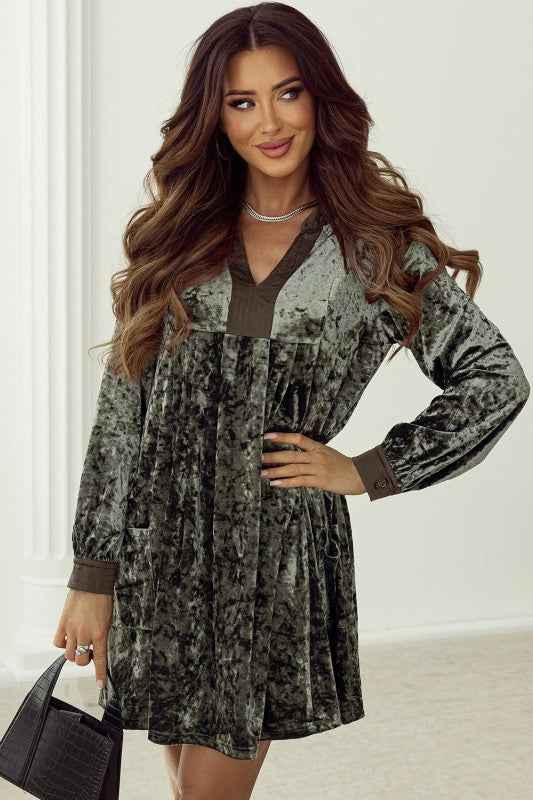 Velvet Long Sleeve V-Neck Side Pocket Dress 751ed9db-0c28-4edf-9229-6f9067dff644