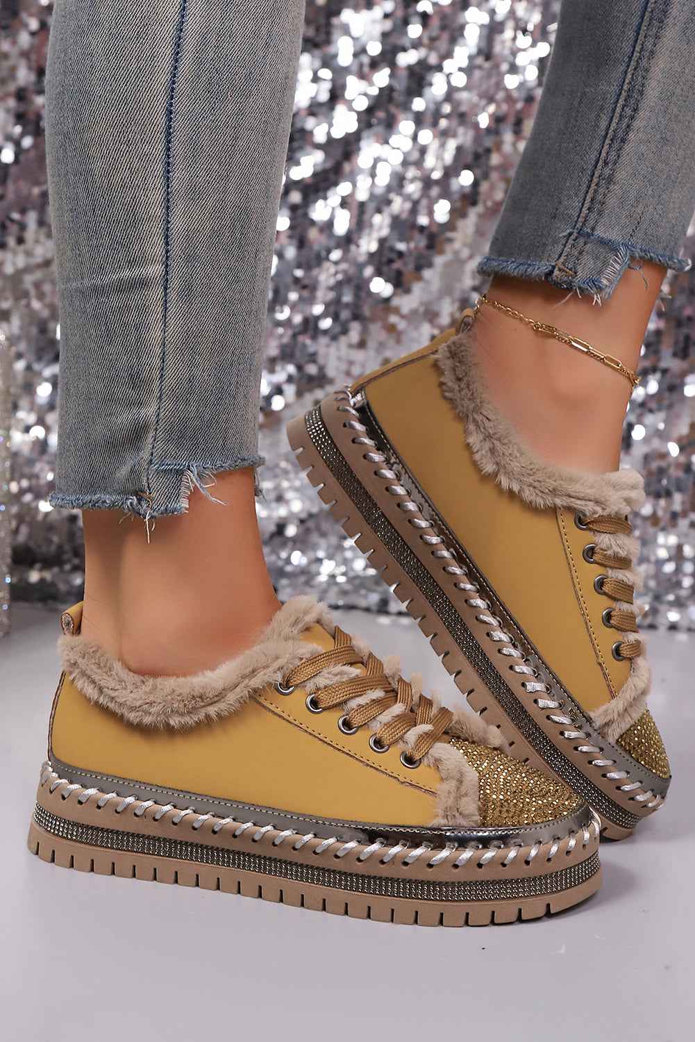 Thai Curry Fur Trimmed Patchwork Lace Up Platform Sneakers 7547b150e992f112