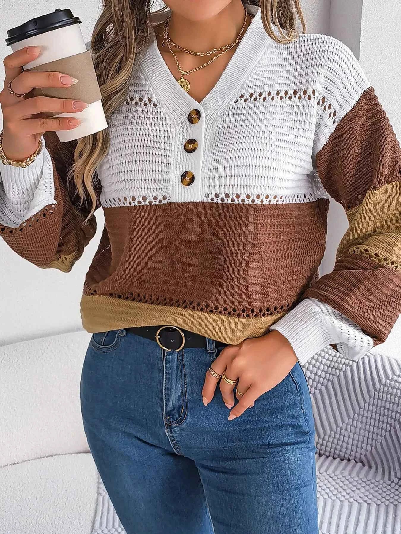Color Block Striped V-Neck Button Detail Sweater 75667180f6004ad9800f3fab4c02a888-Max-Origin