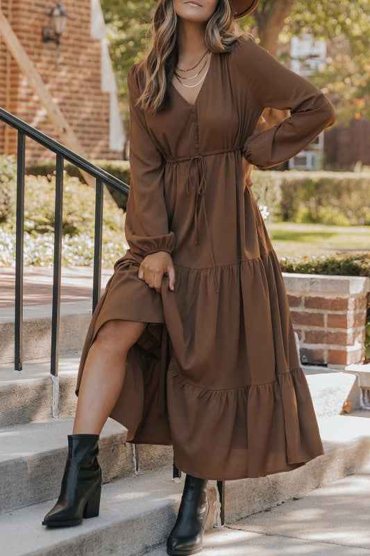 Solid Buttoned V-Neck Long Sleeve Tiered Maxi Dres Chestnut 757da521-71f2-403f-851c-106497284393