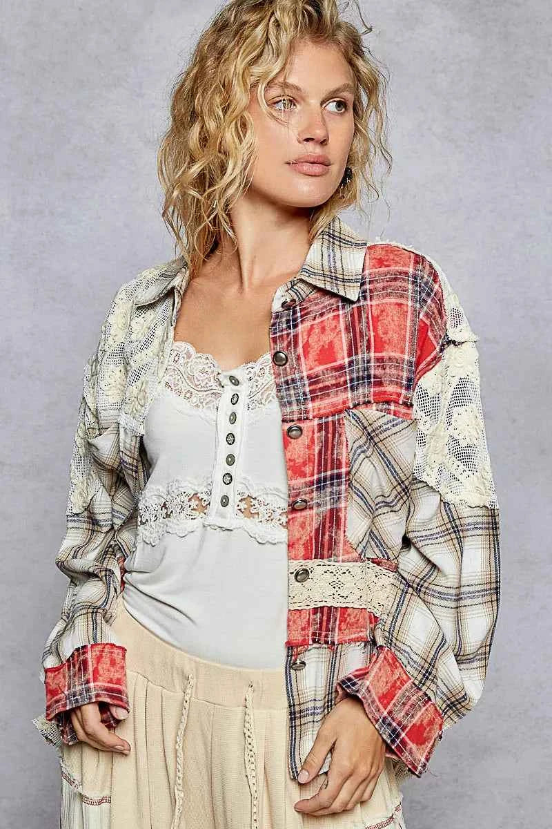 POL Lace Patchwork Plaid Oversized Shirt Red 75e2acf7-953f-48b1-9fe8-7753af359f9e-Max-Origin