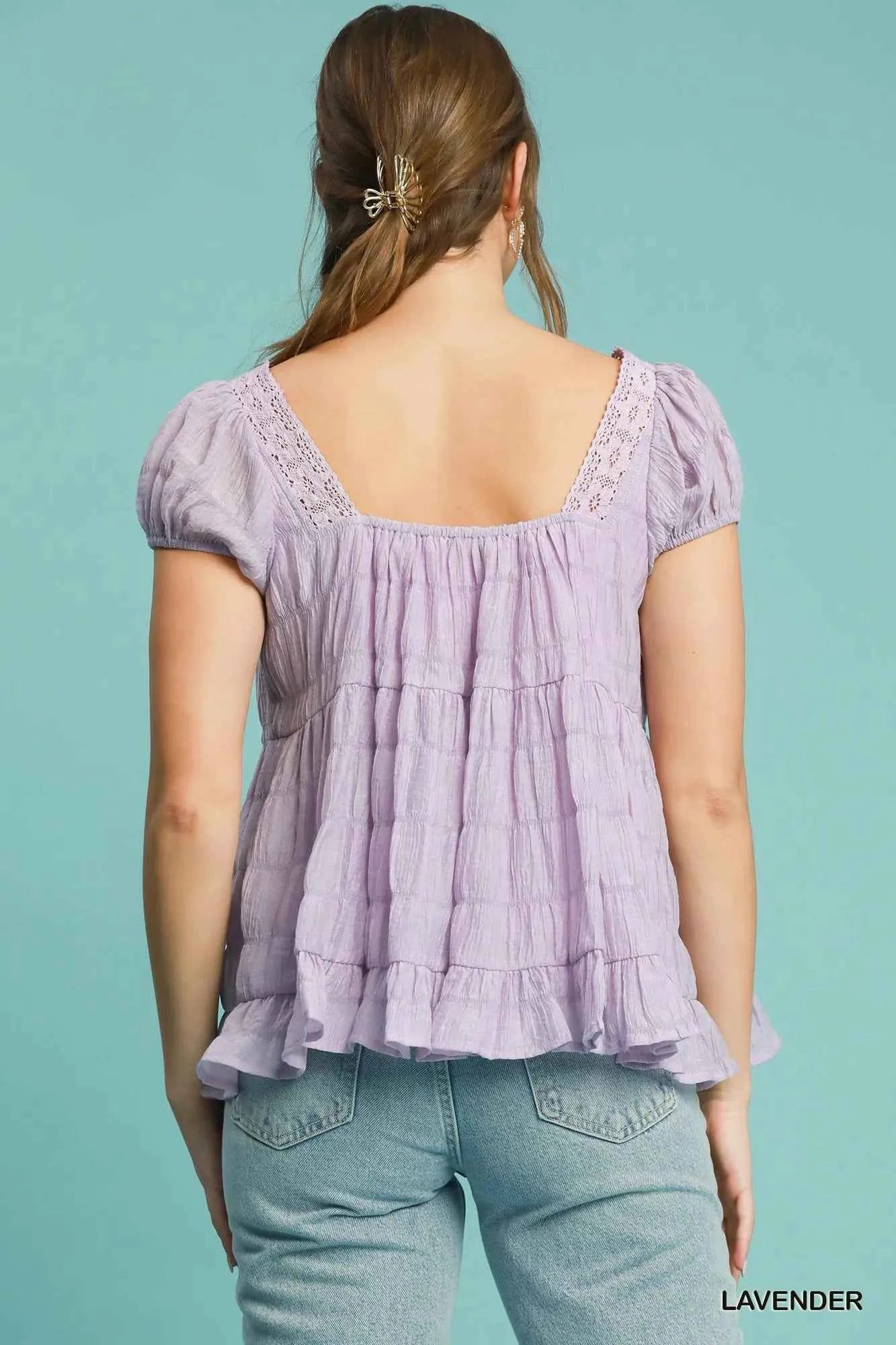 Umgee Textured Square Neck Bow Tie Blouse with Ruffle Hem 75f46bd1-3ec5-469c-9769-9c7a46690cc7-Max-Origin