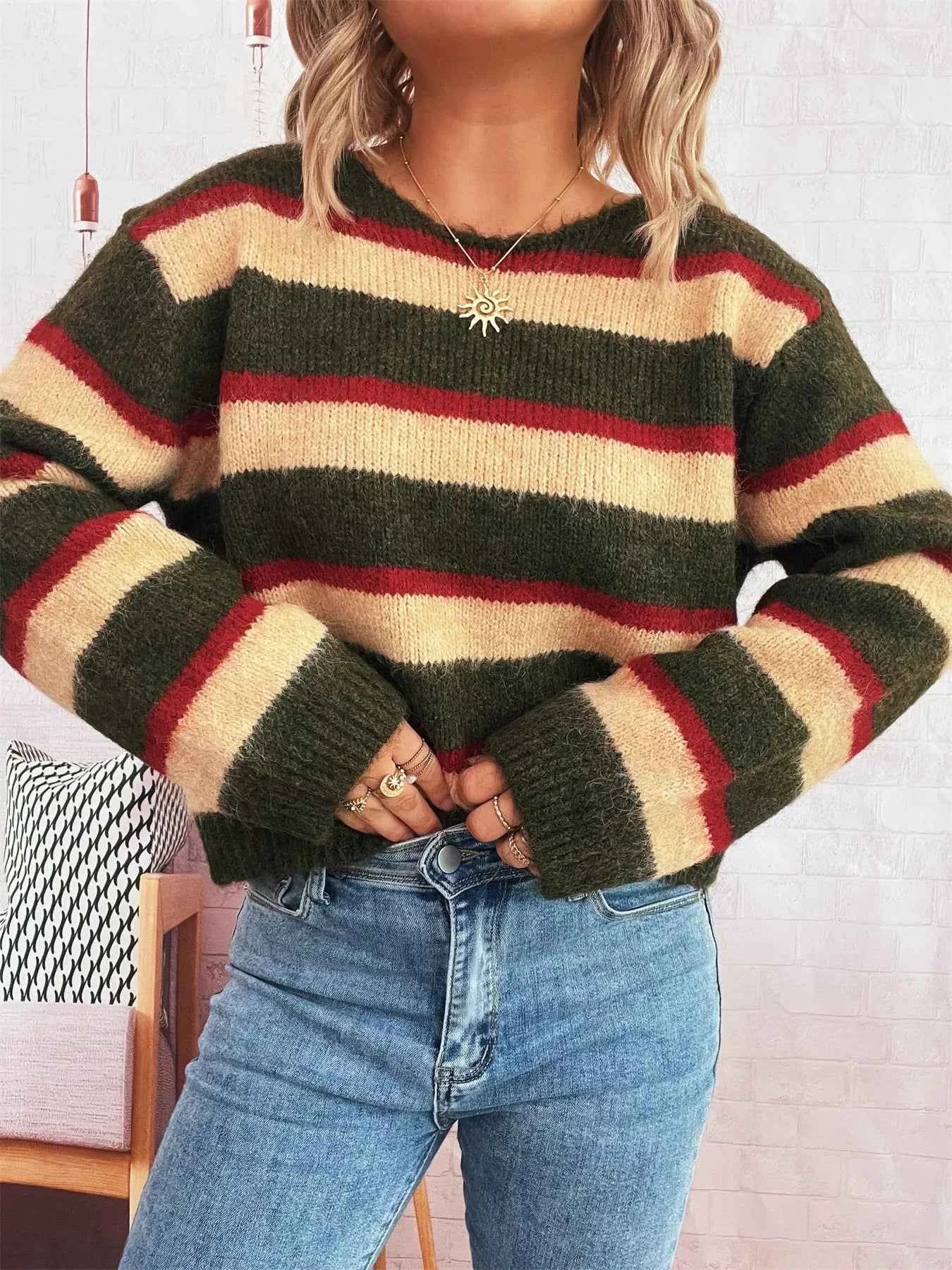Striped Round Neck Long Sleeve Sweater Army Green One Size 760fe7751db5440abcc987a905af97cc-Max-Origin