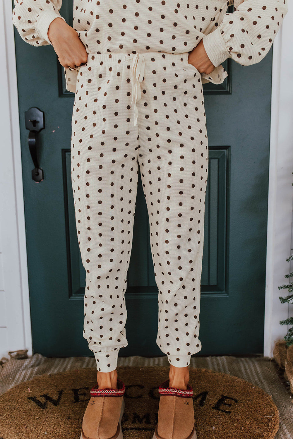 White Polka Dot Print Pullover Drawstring Jogger Pants Pajama Set 764f3ea0b0cbb70b