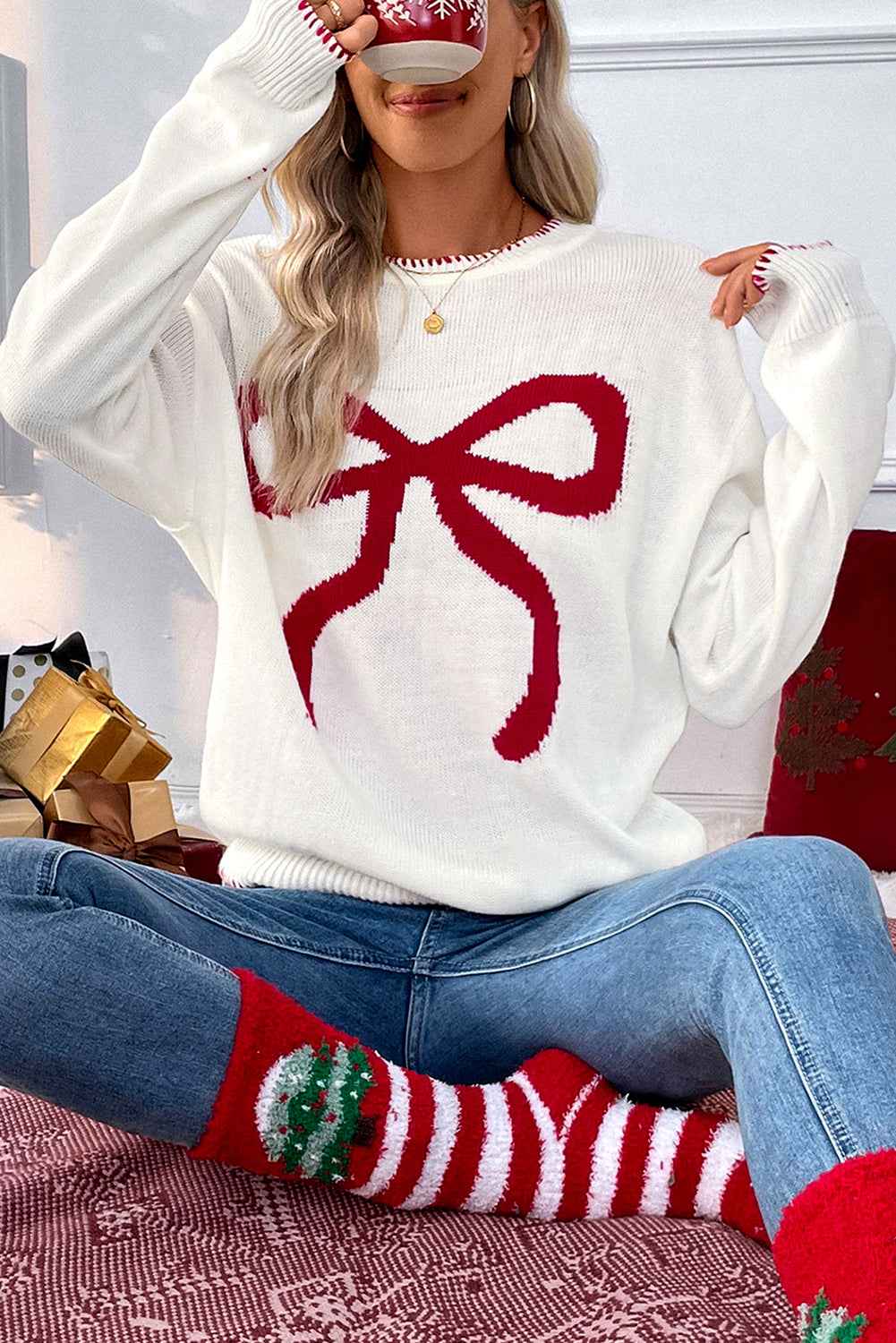 White Sweet Bow Long Sleeve Knit Sweater White 100%Acrylic 76df694133e20f82