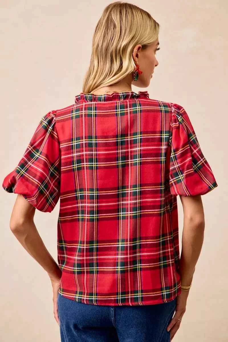 BiBi Christmas Plaid Short Sleeves Ruffled Blouse 770b642c1d5047f6849b65fc0ffe6e9b-Max-Origin