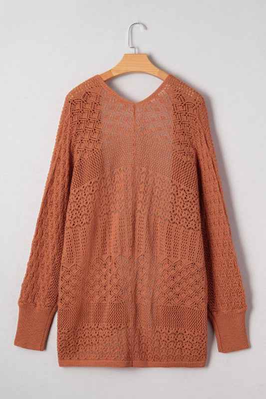 Plus Size Solid Pointelle Knit Open Front Cardigan 7729660e-20af-4a64-872a-1babdeadb181