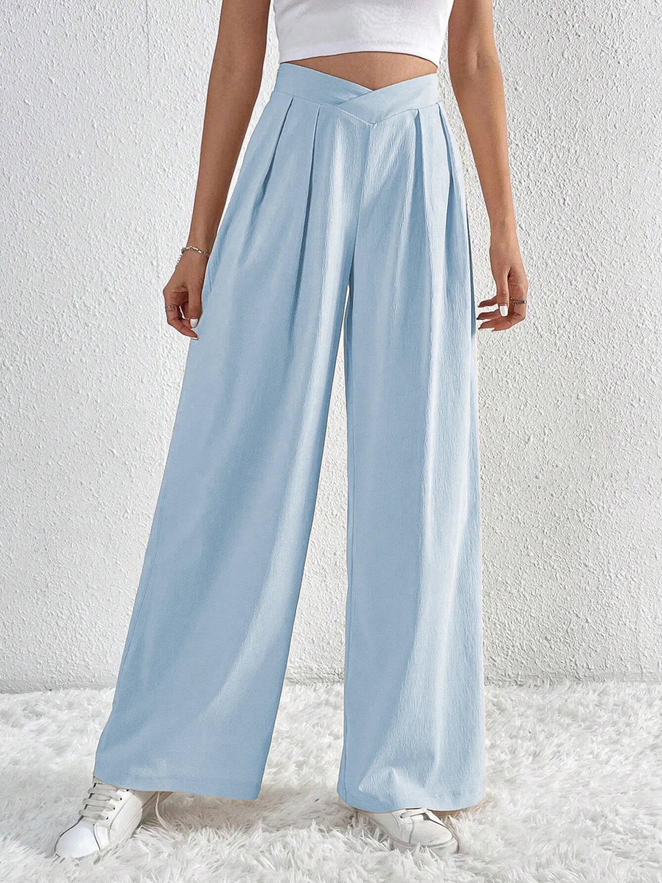 V-Waisted Ruched Front Wide Leg Pants Light Blue 772f2d76d36b4420b97a961e9df9b334-Max-Origin