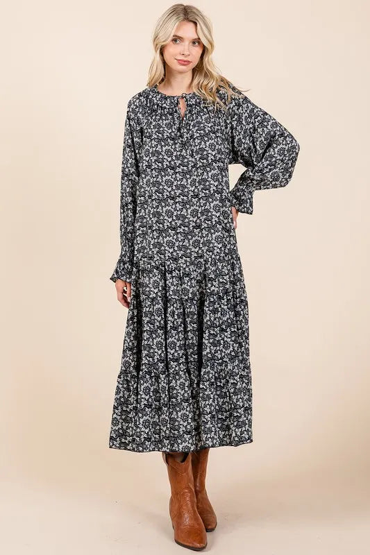 Mittoshop Printed Tie Neck Flounce Sleeve Midi Dress 77426af0-51b0-41ff-b184-135cdb2834ae-Max