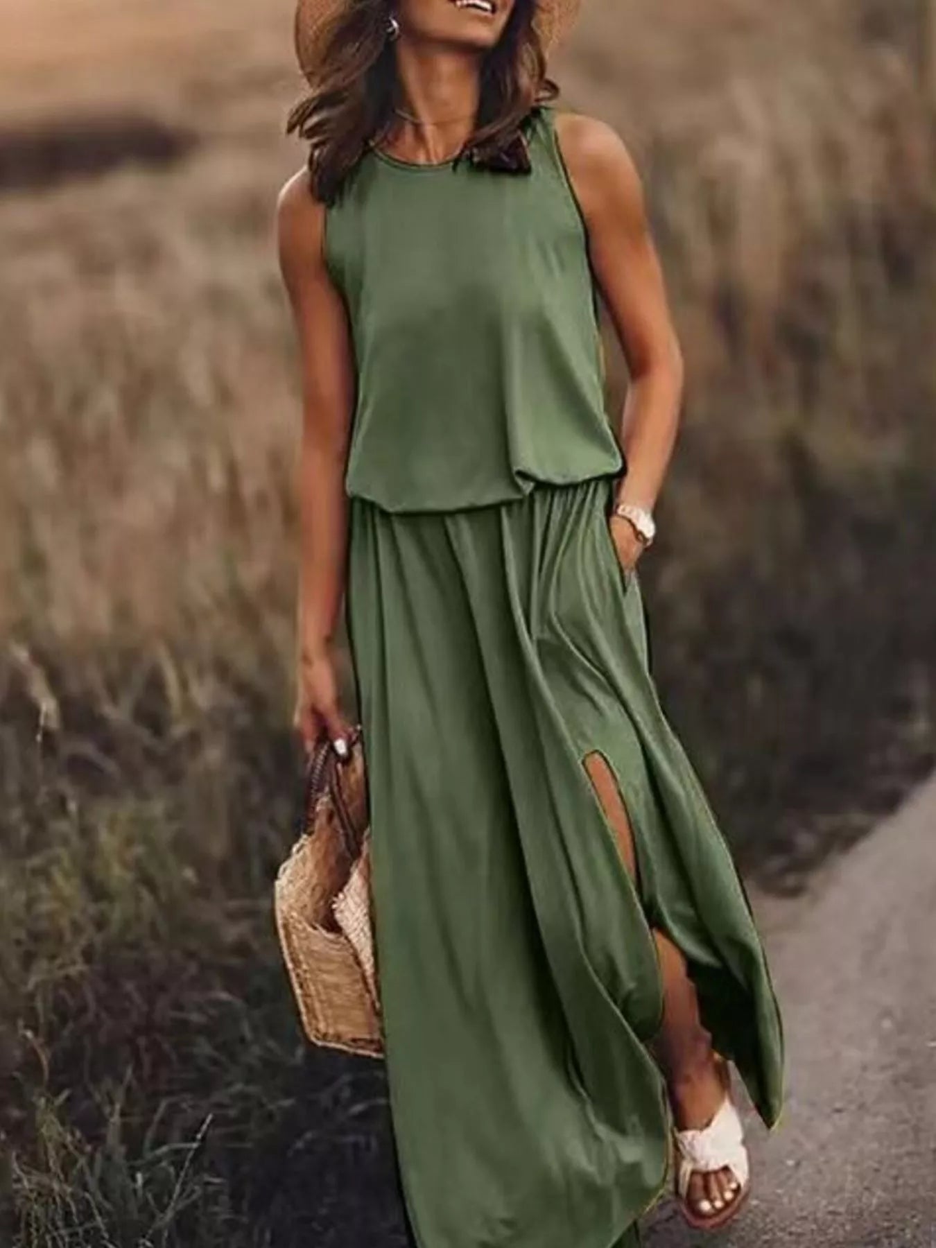 Full Size Round Neck Sleeveless Slit Maxi Dress Plus Size Dark Green 777abbd9-0619-4988-b670-00f9c8d3848f-Max-Origin