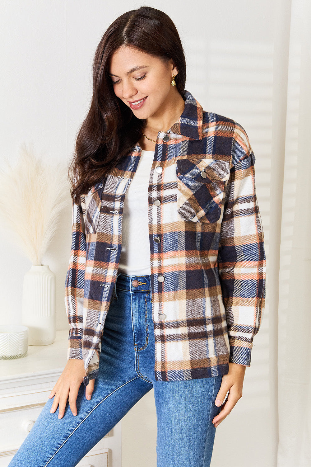 Double Take Plaid Button Front Shirt Jacket with Breast Pockets Dark Blue 778a7035b2e54e28a3d46224f90e3198-Max