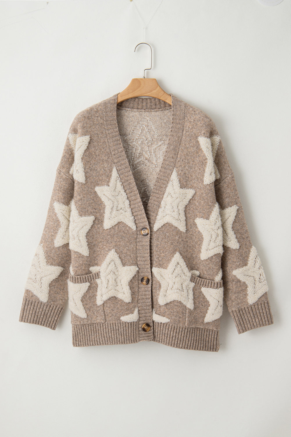 Khaki Star Pattern Pockets Button Front Cardigan 778bf85d9a9885ff
