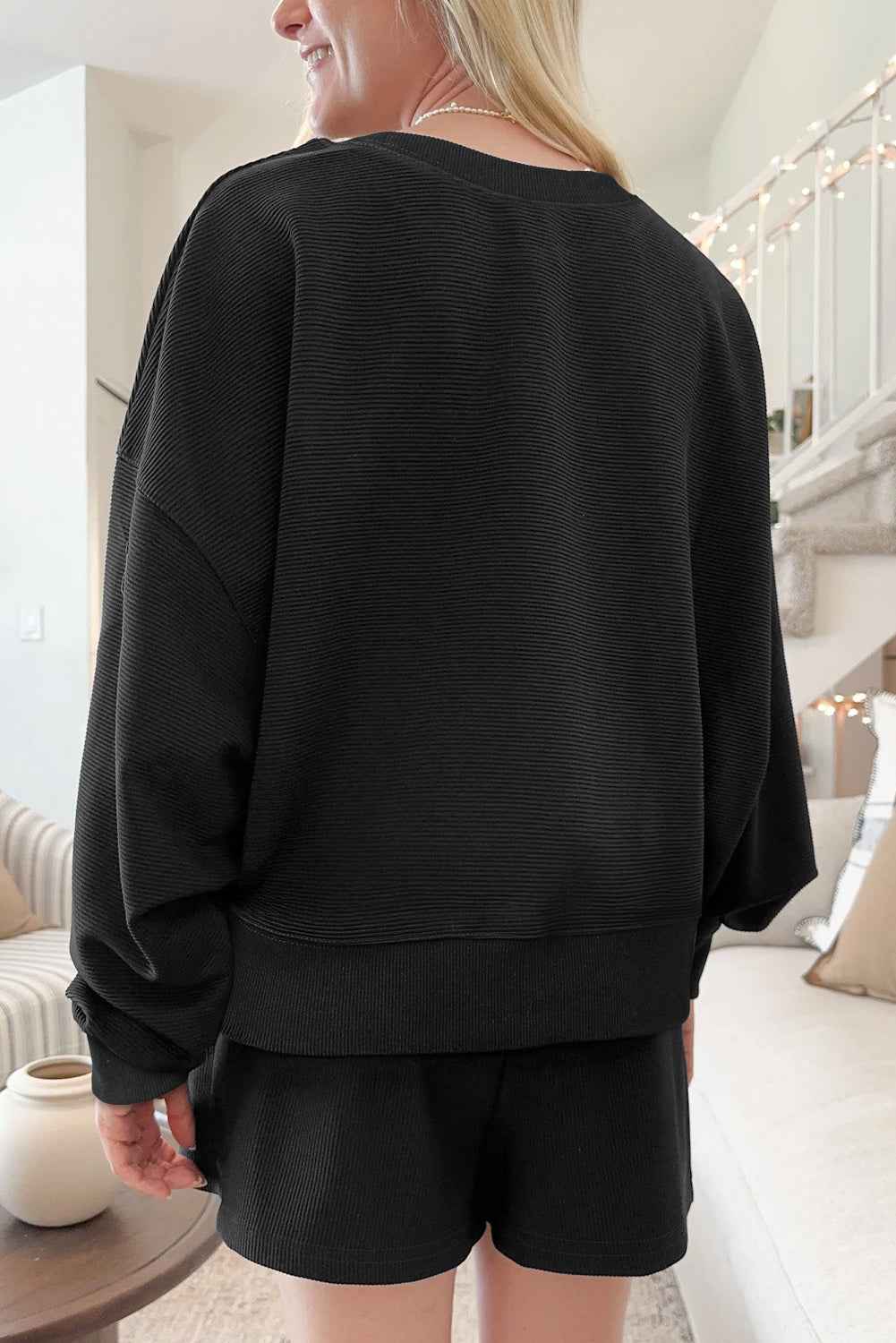 Black Ribbed Texture Baggy Drop Shoulder Pullover and Shorts Set 77941f2763a44767