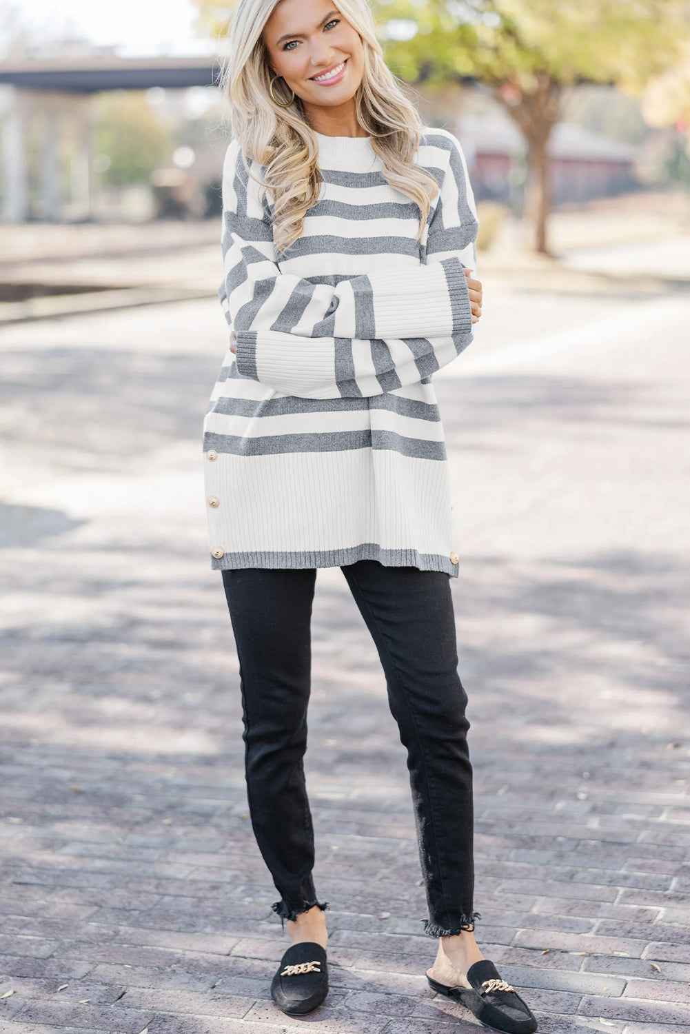 Gray Stripe Ribbed Buttoned Detail Drop Shoulder Tunic Sweater 77954d1d42911184