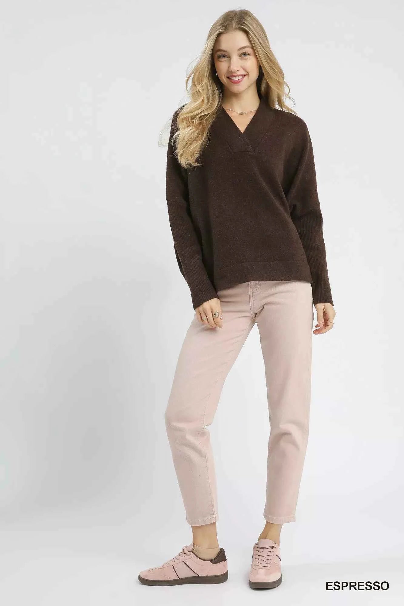 Umgee V-Neck Sweater with Wide Trim Detail 77bdc36e-91db-45a1-a2cc-95ff986a1a54-Max-Origin