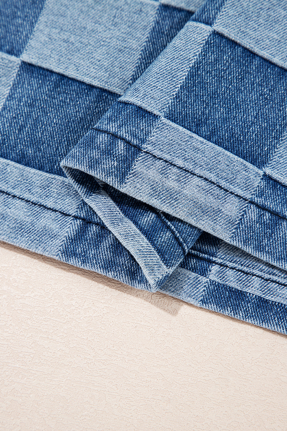 Sky Blue Checkerboard Zipped Collar Kangaroo Pocket Denim Hoodie 77c700fb9bb5d097