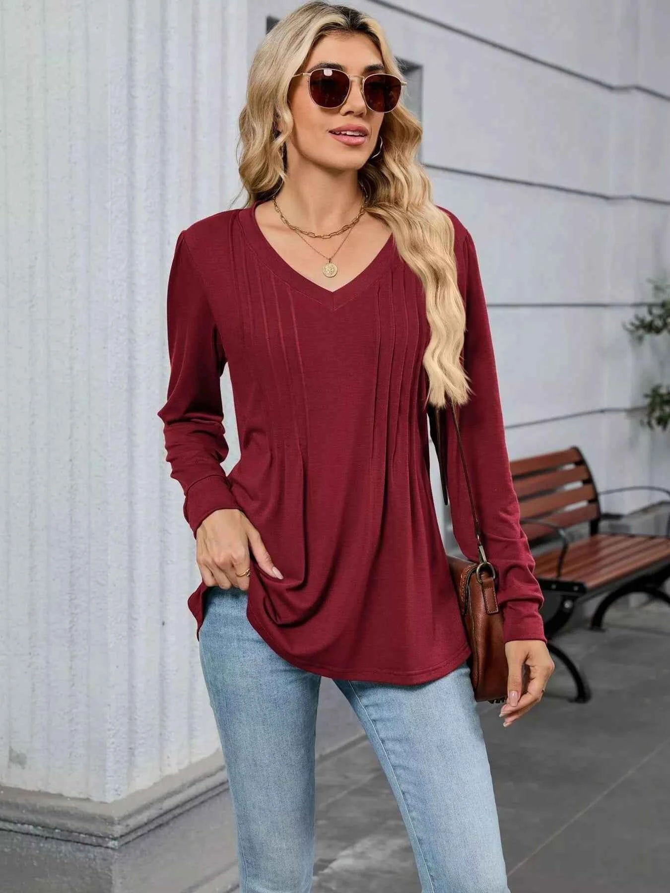 V-Neck Long Sleeve Relaxed Fit T-Shirt Burgundy 77d688ff4ec340468f2c55c870eca2c4-Max-Origin