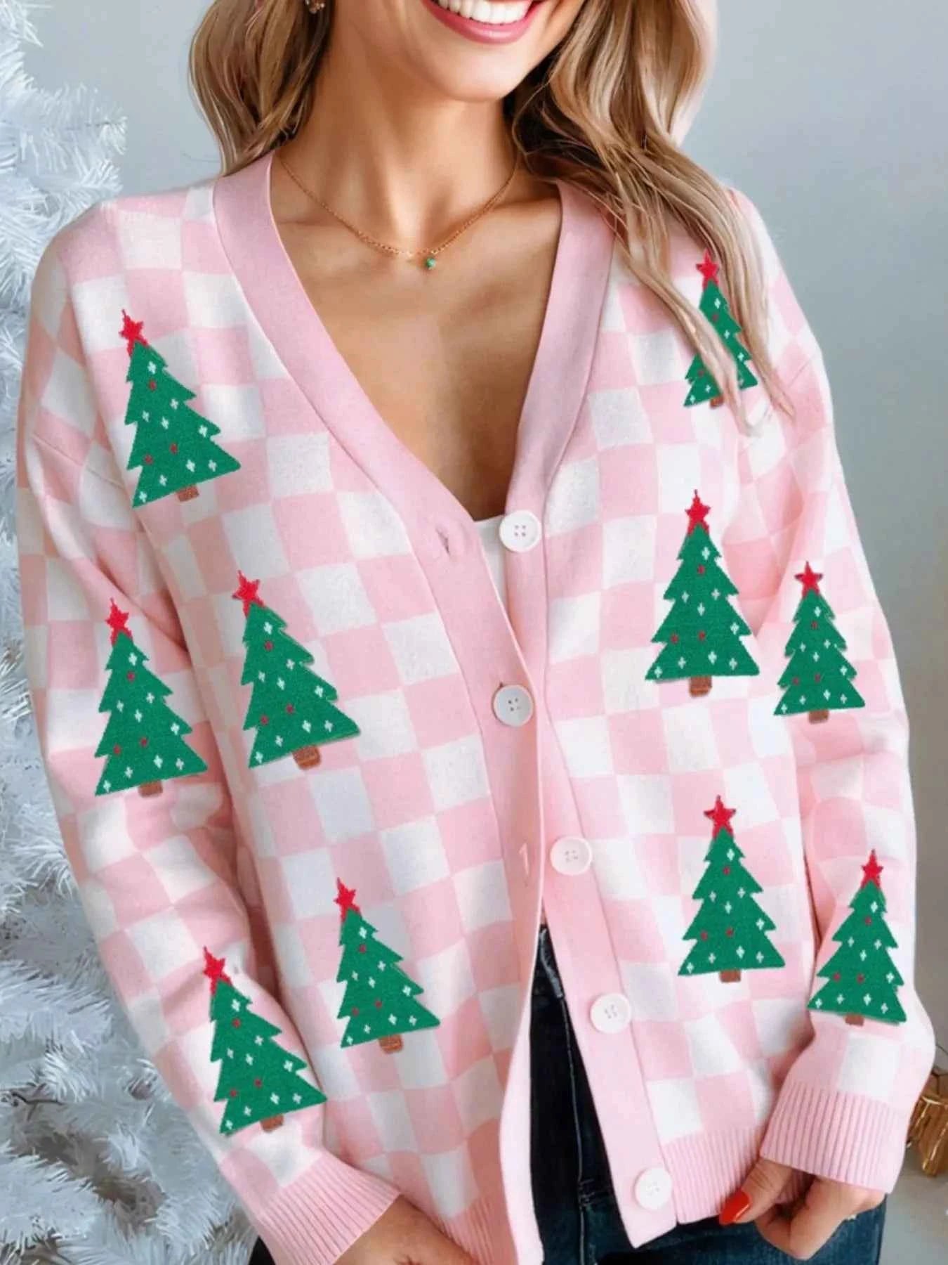 Christmas Tree Pattern Checkered Button V Neck Cardigan 77dba441-b1b0-49a4-b081-0a58771f964f-Max-Origin