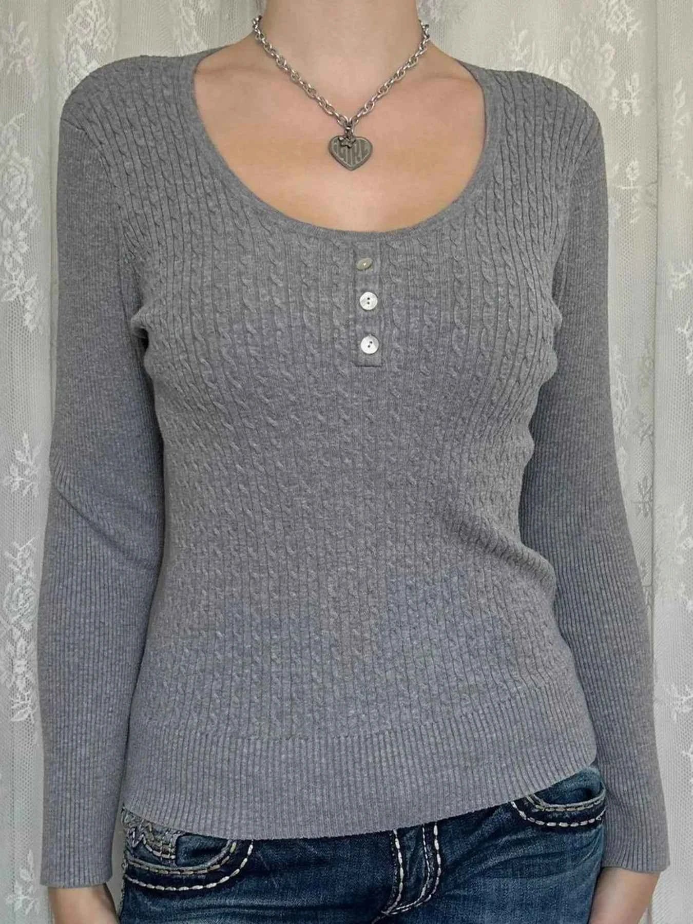 Button Detail Long Sleeve Cable Knit Top Gray 77ed1bd2776b4864ba7ae04544117fa4-Max-Origin