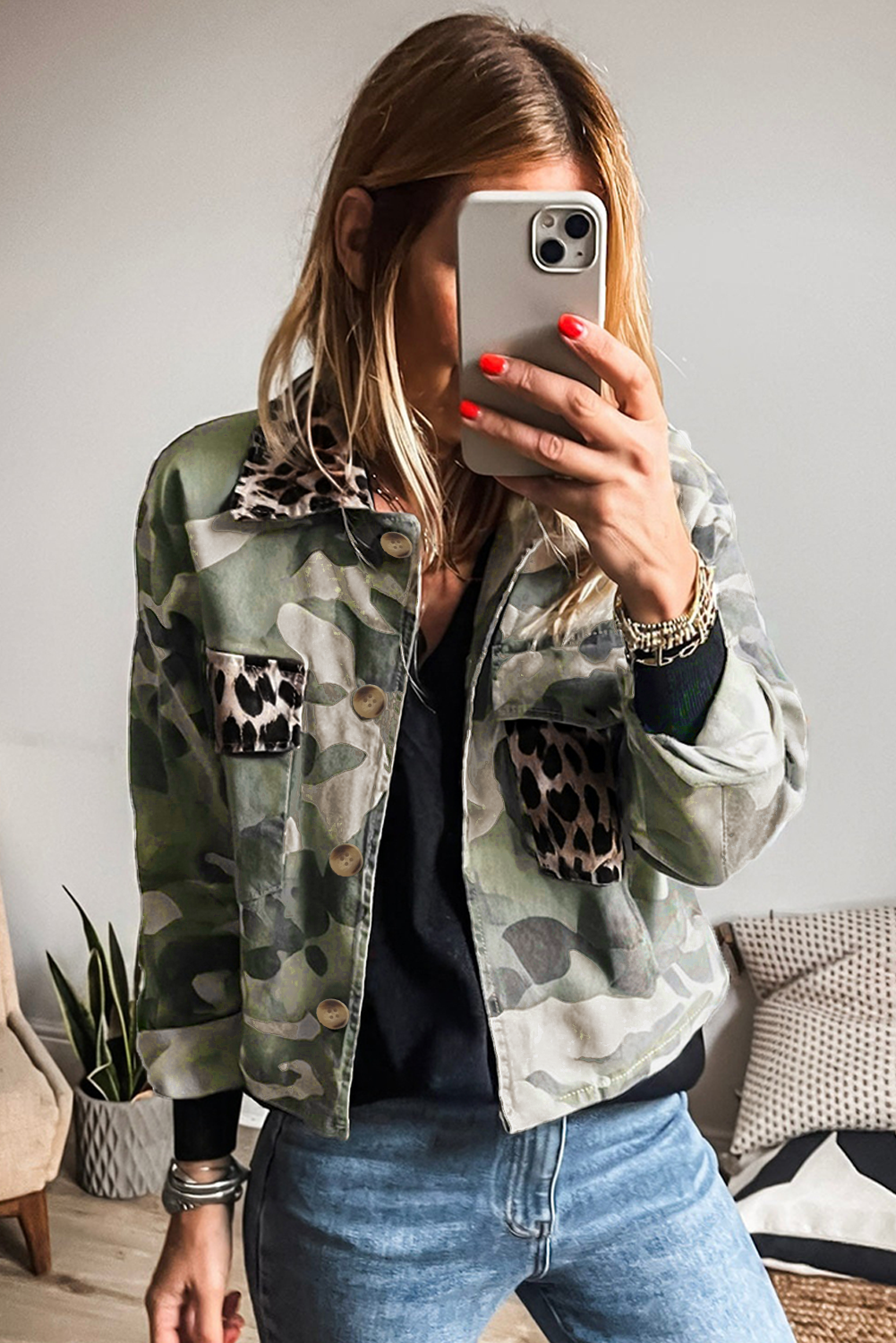 Green Camouflage Leopard Patchwork Flap Pocket Collared Jacket 77fb004c8fadc7ef