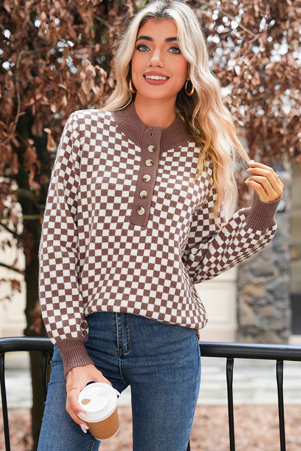 Dark Brown Plaid Contrast Trim Button Neck Sweater 780aa62f10c1e924