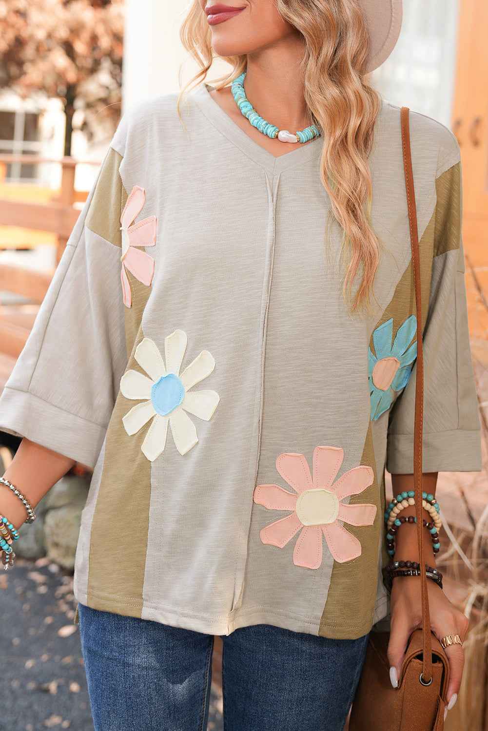 Light Blue Flower Patched Exposed Seam 3/4 Sleeve top 781cbe240375e4cc