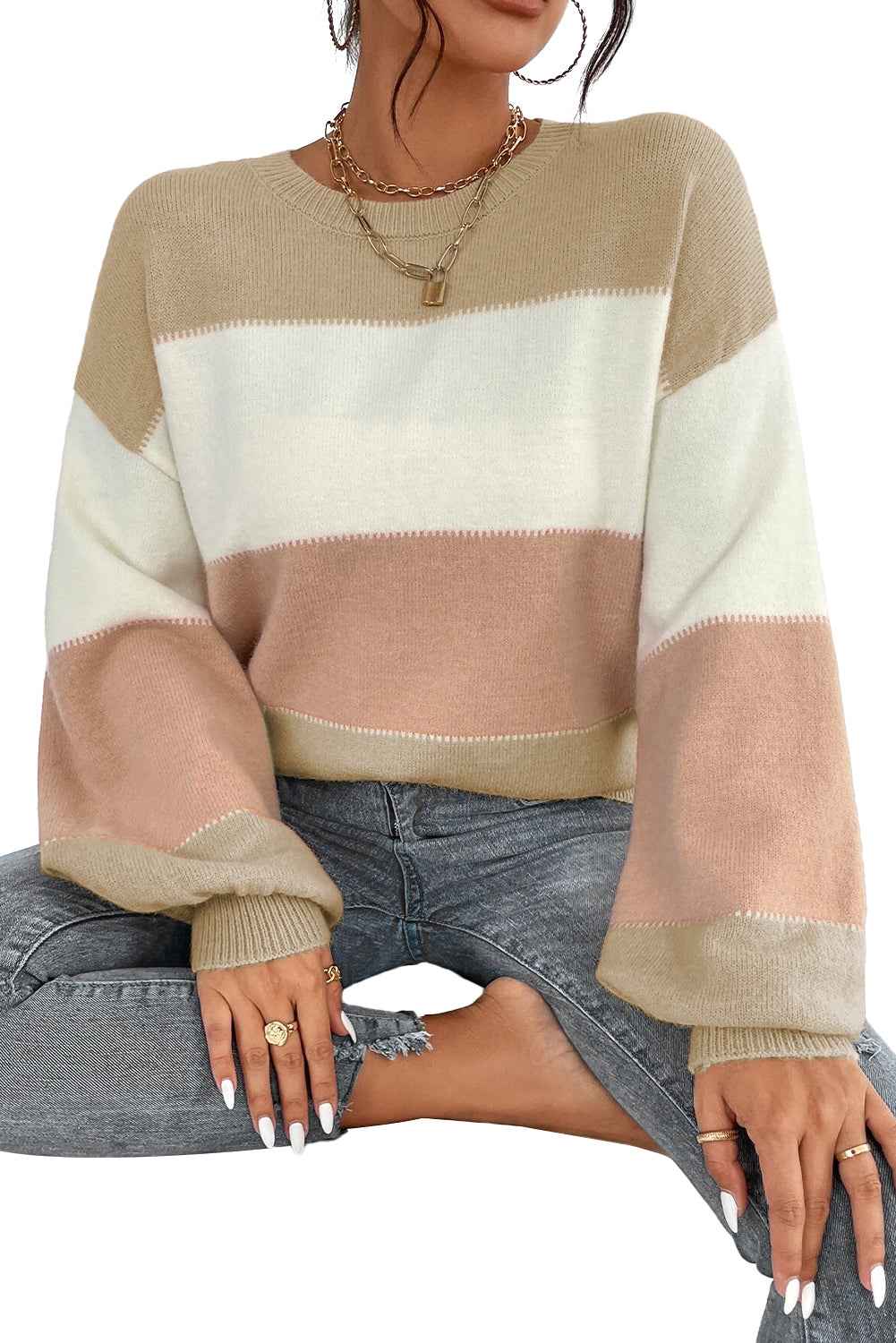 Dusty Pink Color Block Lantern Sleeve Drop Shoulder Sweater 784c790b2e7959b7