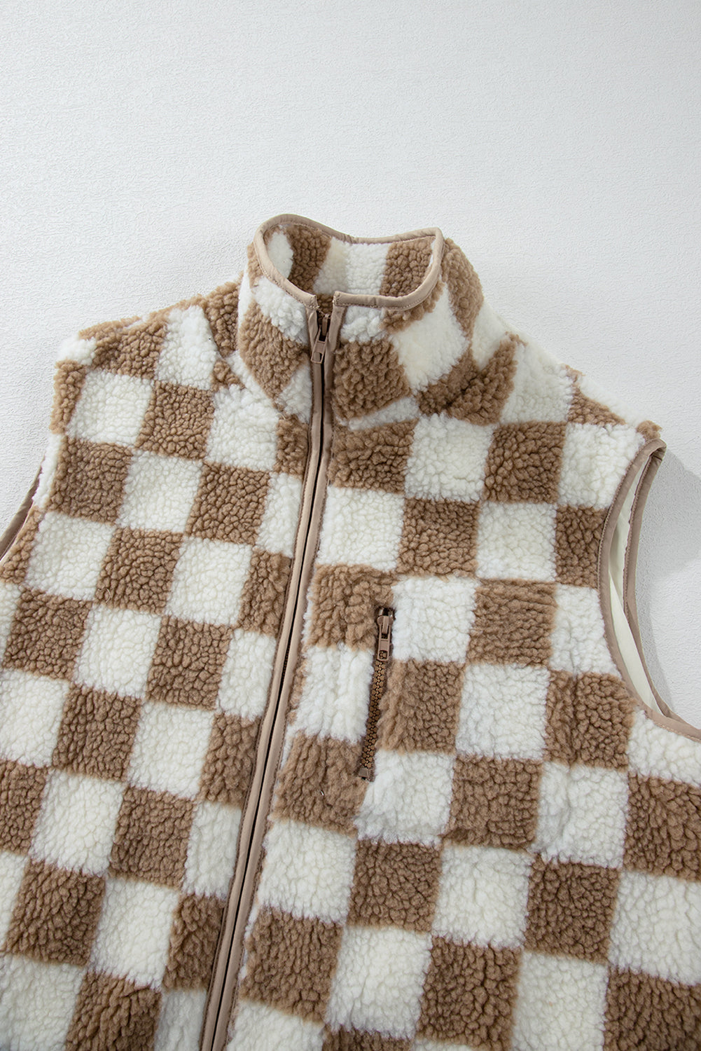 Khaki Checkered Sherpa Collared Jacket Vest 7857d1fc367a9a3f