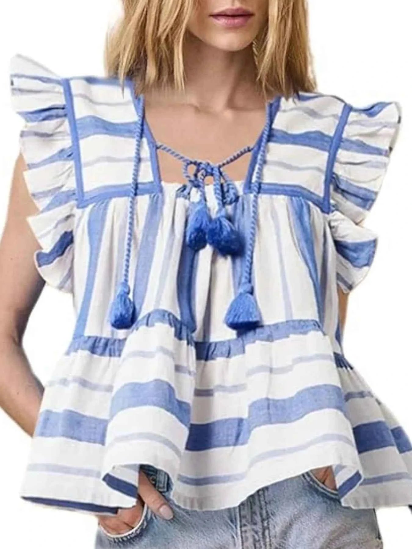 Tassel Ruffled Striped Blouse 78dfdfe6-f1a2-47d6-8b26-43843c4a7856-Max-Origin
