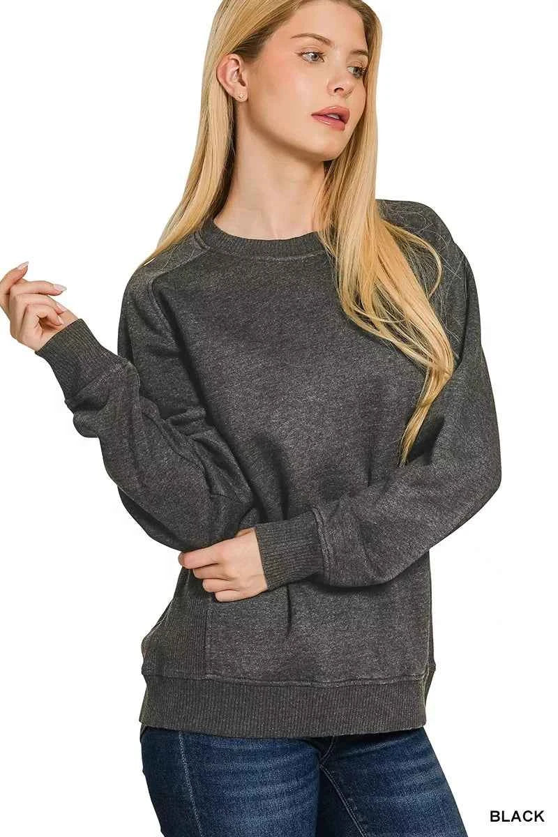 Zenana Acid Washed Fleece Sweatshirt with Side Rib BLACK 78eadfdba1db4148acdd4a9750ebedba-Max-Origin