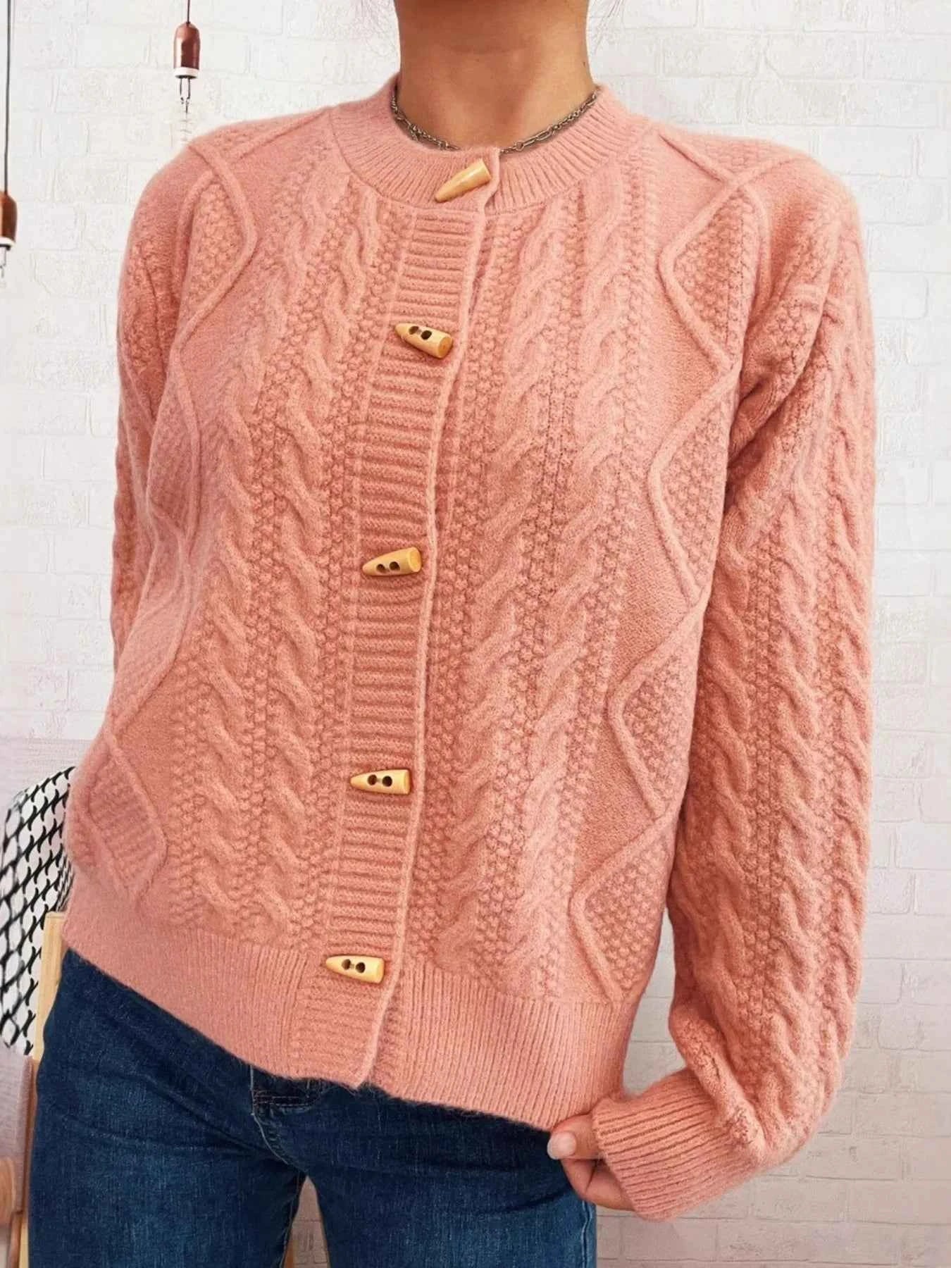 Cable Knit Button-Up Cardigan Pink One Size 78f1749ea5334eee8d21ed897d1f7cdc-Max-Origin