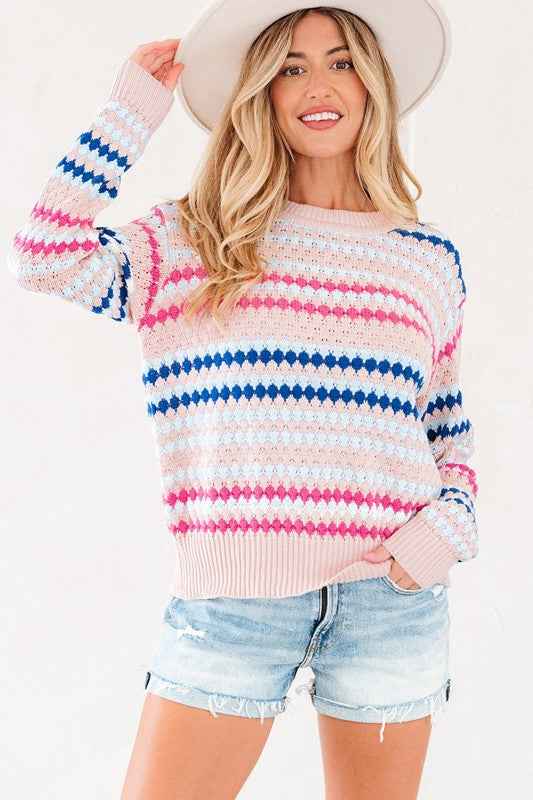 Stripe Eyelet Knit Drop Shoulder Sweater 792818f9-8099-41ce-ad55-047ebad7c854