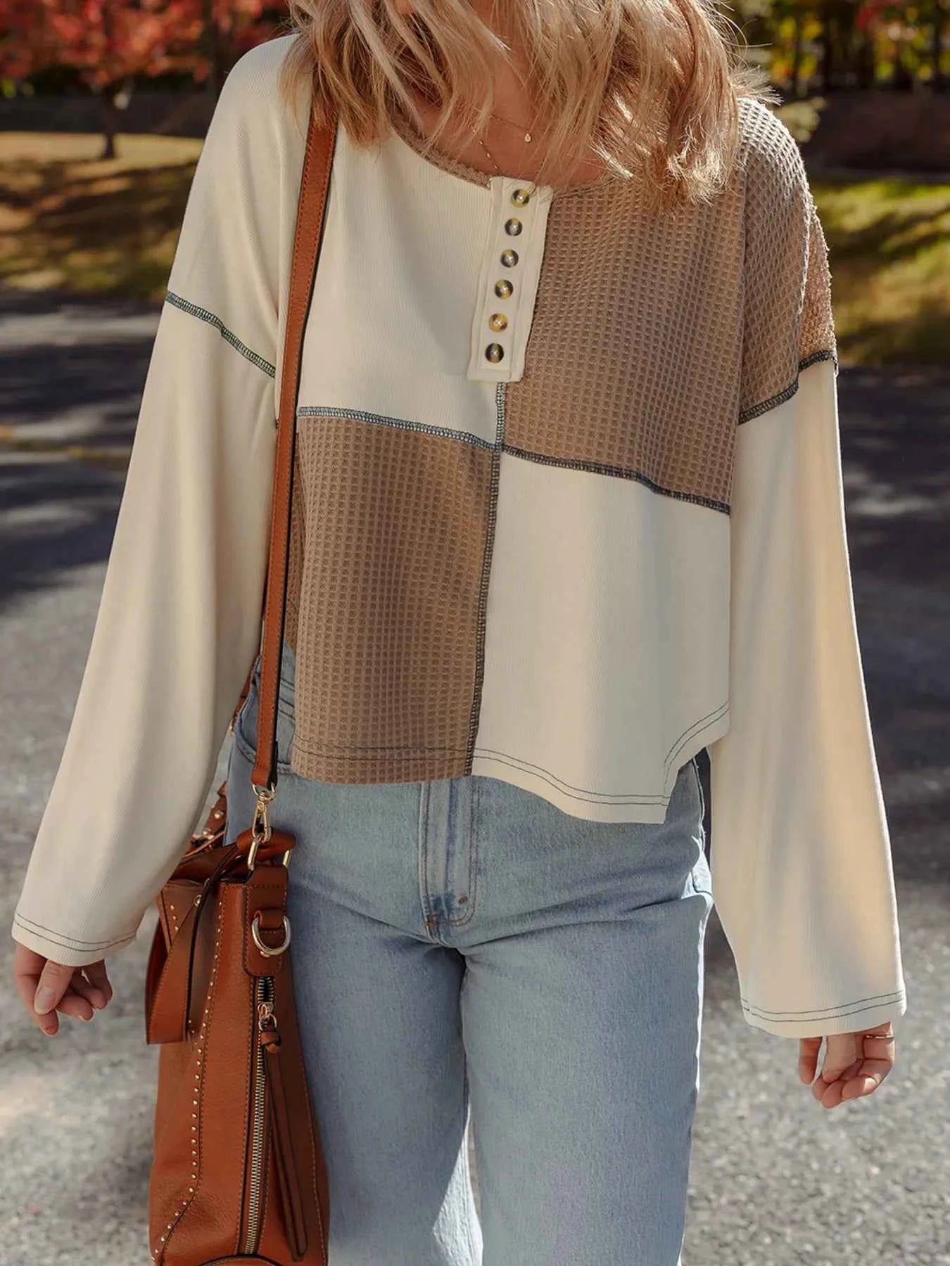 Color Block Waffle Knit Stitch Detail Long Sleeve Top Camel 793f5146594945a19bde8088b83b68f5-Max-Origin