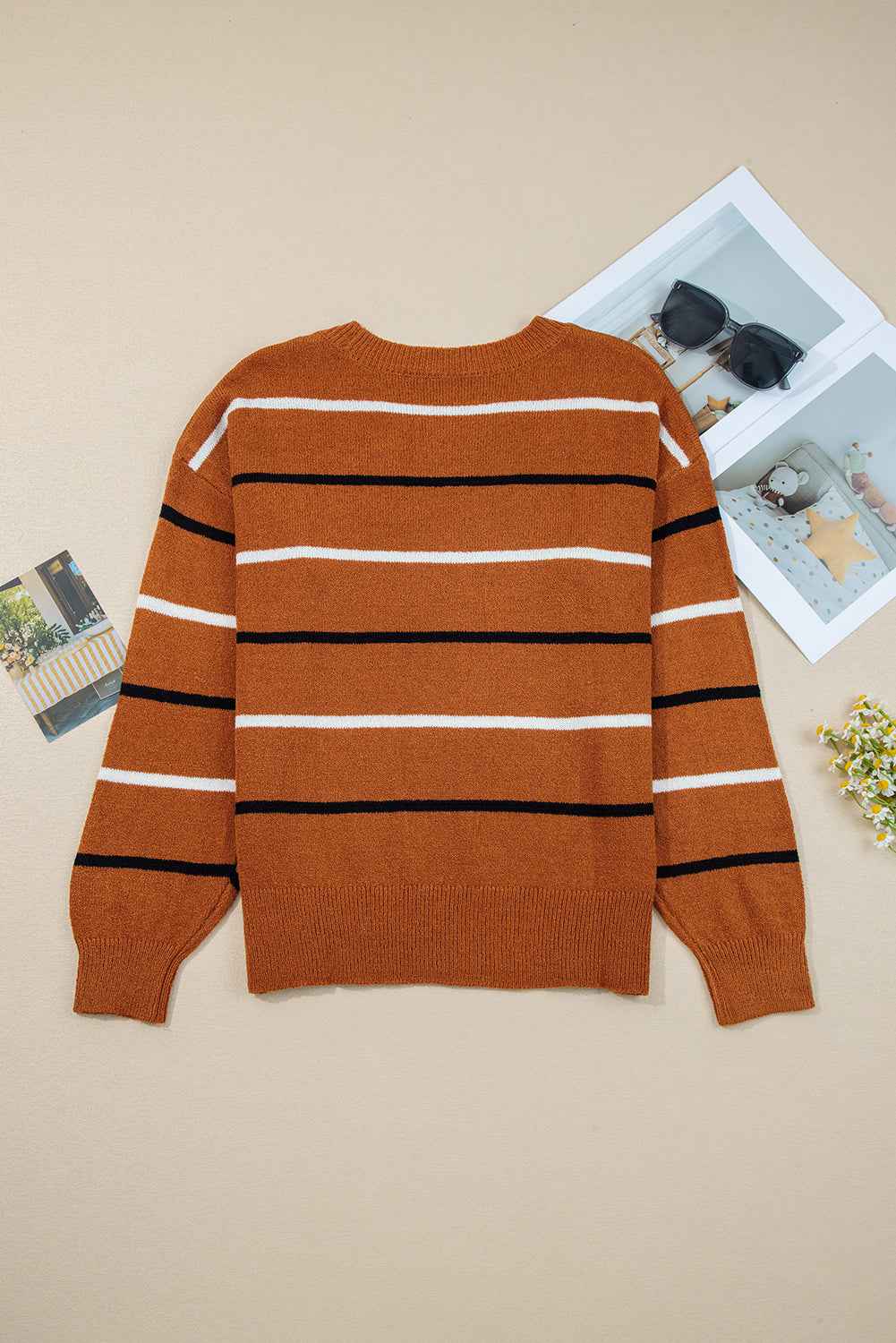 Multicolour Striped Ribbed Edge Drop Shoulder Sweater 7978fa15cddfb13f
