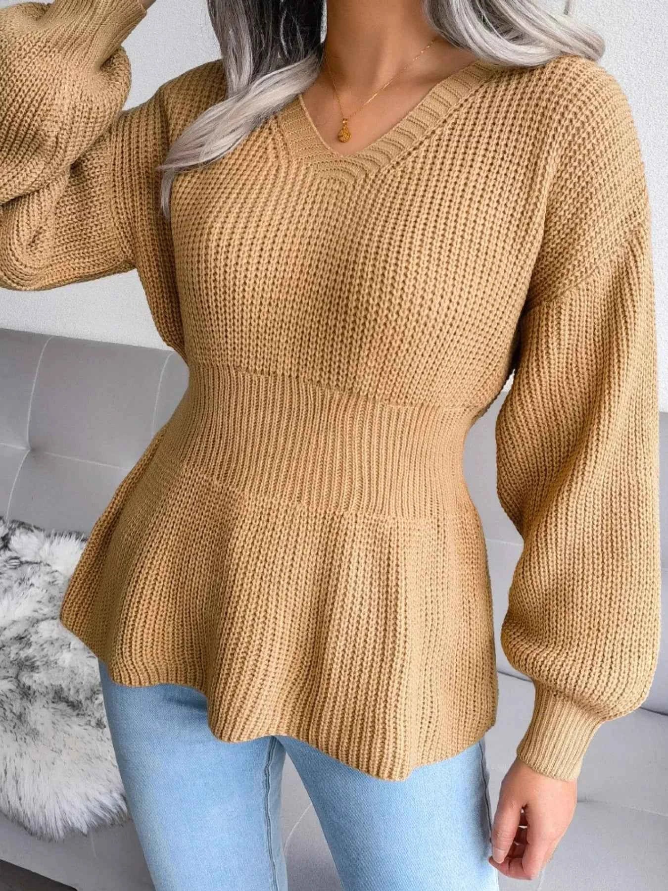 V-Neck Dropped Shoulder Sweater Khaki 797cc2e4-8e51-4921-a50a-d9ffd12dc6b2-Max-Origin