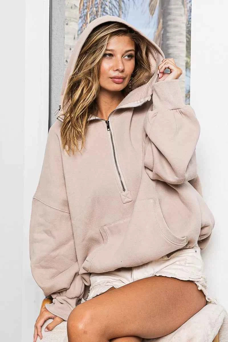 BiBi Stitch Detailed Elastic Hem Half Zip Fleece Hoodie 79cd0ec7-05f3-407b-bb34-e10f2cc31f3b-Max-Origin