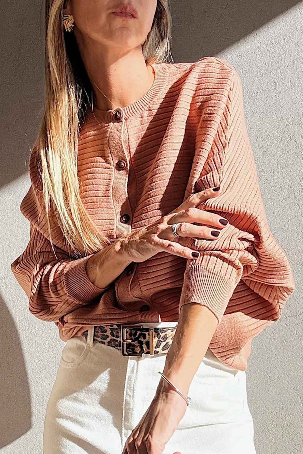 Apricot Pink Rib Knit Button Front Dolman Sleeve Cardigan 79e4684710983247