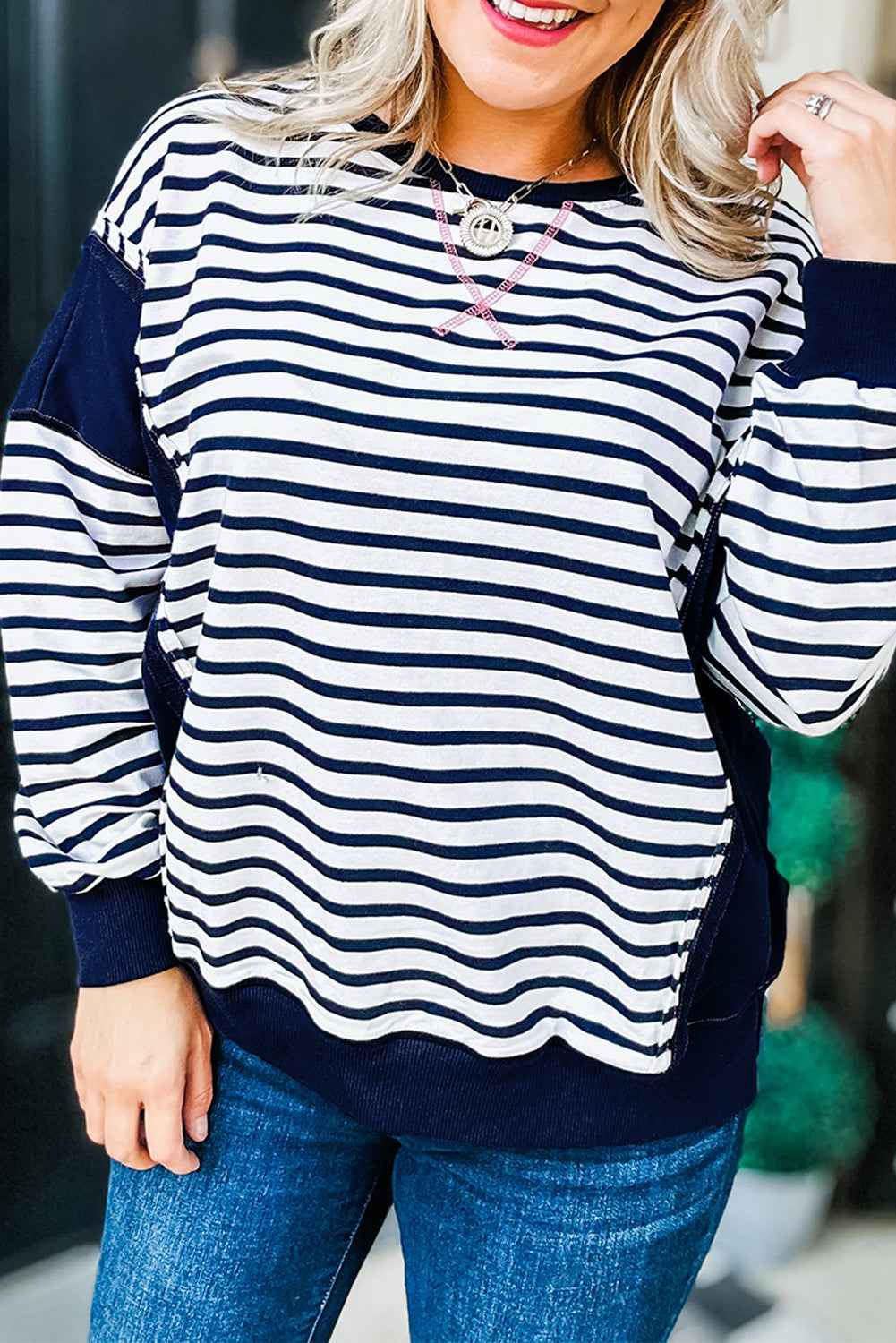 Blue Stripe Contrast Stitched Detail Color Block Patchwork Plus Size Sweatshirt Blue Stripe 95%Cotton+5%Elastane 79eaaaec9afe3f48