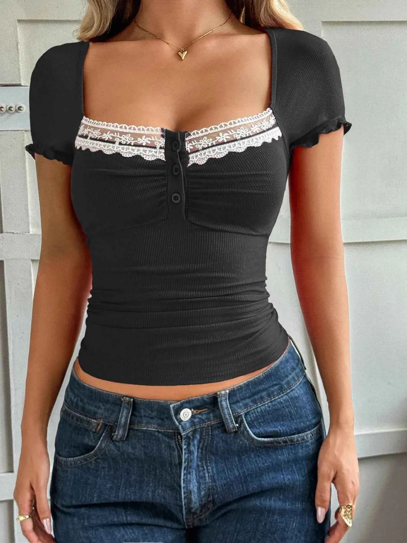 Lace Detail Short Sleeve T-Shirt Black 7a47ee9070b4468ab6f6abbf0904f485-Max-Origin