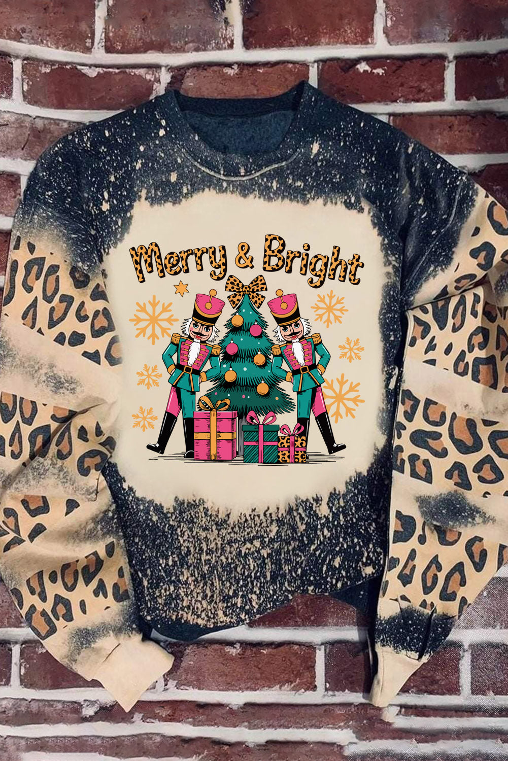 Black Merry&Bright Christmas Nutcracker Heat Transfer Printing Leopard Tie Dye Bleached Baggy Sweatshirt 7a775f7a99ab26b4