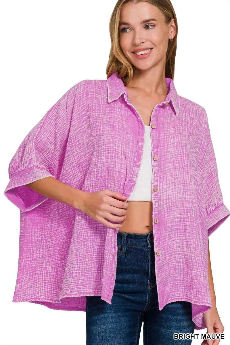 Zenana Washed Double Gauze Button Down Half Sleeve Shirt BRIGHT MAUVE 7b0fceabcc3e40669c6952de7f54331b-Max-Origin