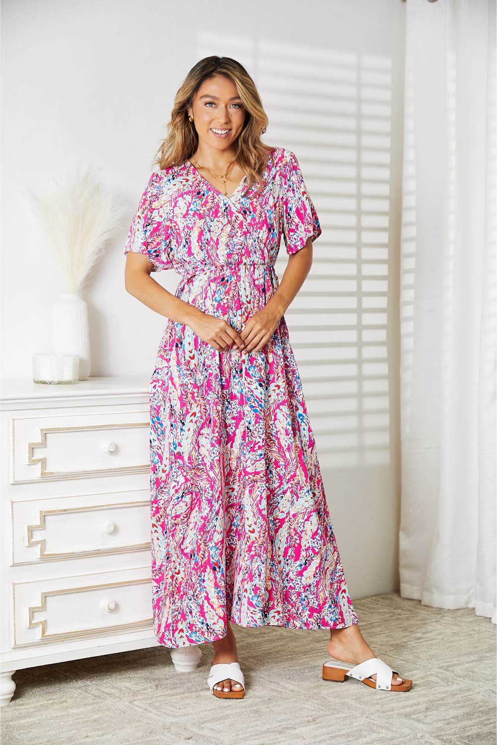Double Take Multicolored V-Neck Maxi Dress Hot Pink 7b3a96a1a4624196ac08f48493dd993e-Max