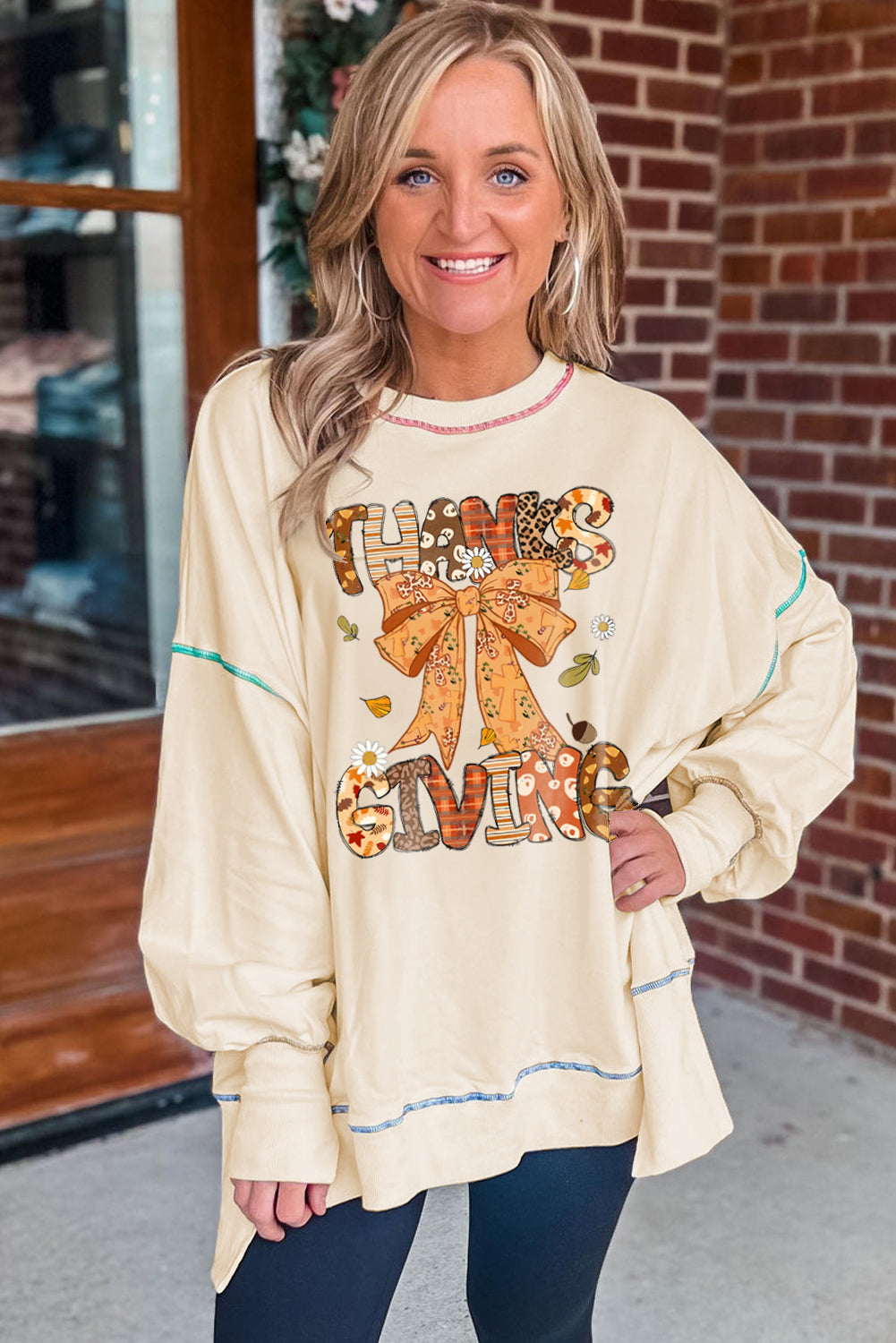 White THANKSGIVING Ribbon Bow Heat Transfer Printing Contrast Trim Baggy Sweatshirt 7b572549420a8932