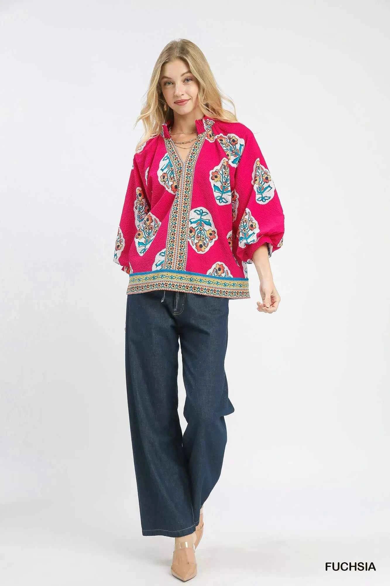 Umgee Boho Floral Print Tunic Blouse 7bae7a63-38da-4a44-a357-7bf2e7ac121c-Max-Origin