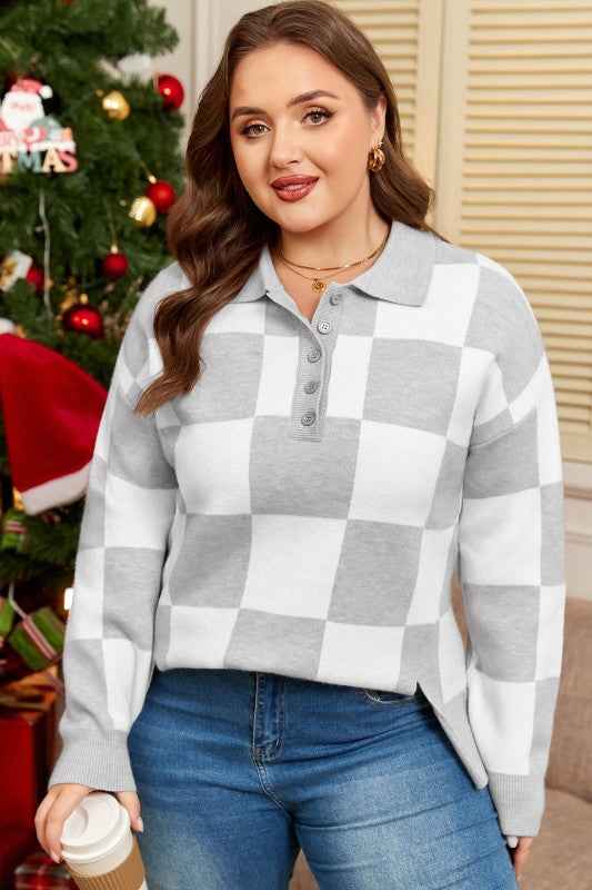 Plus Size Checker Buttoned Polo Collar Sweater 7bbd3c88-45ea-4445-b827-4d267171a3f6