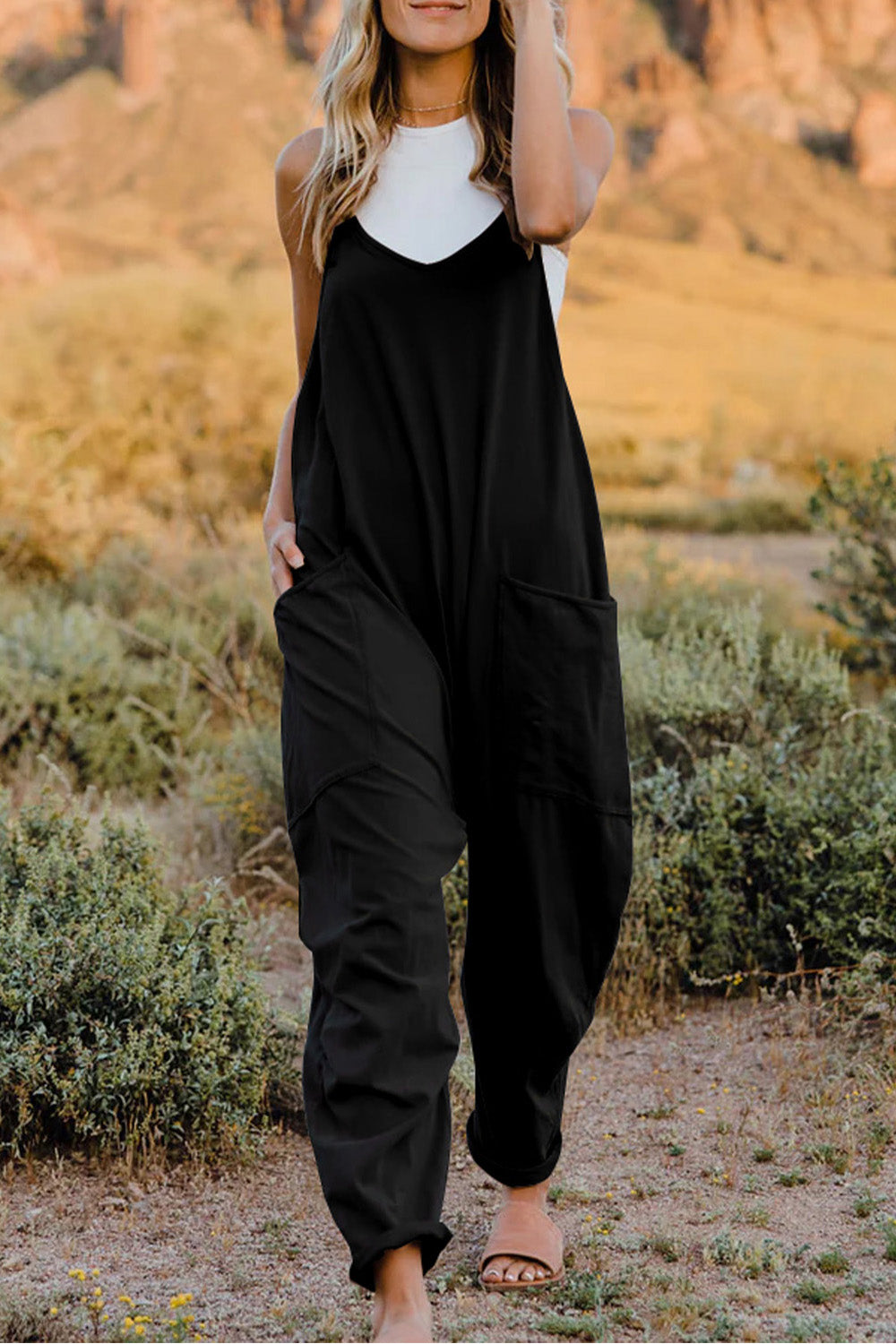 Double Take Full Size V-Neck Sleeveless Jumpsuit with Pockets Black 7bdc12cce7084a1182caefb0a4c0f777-Max