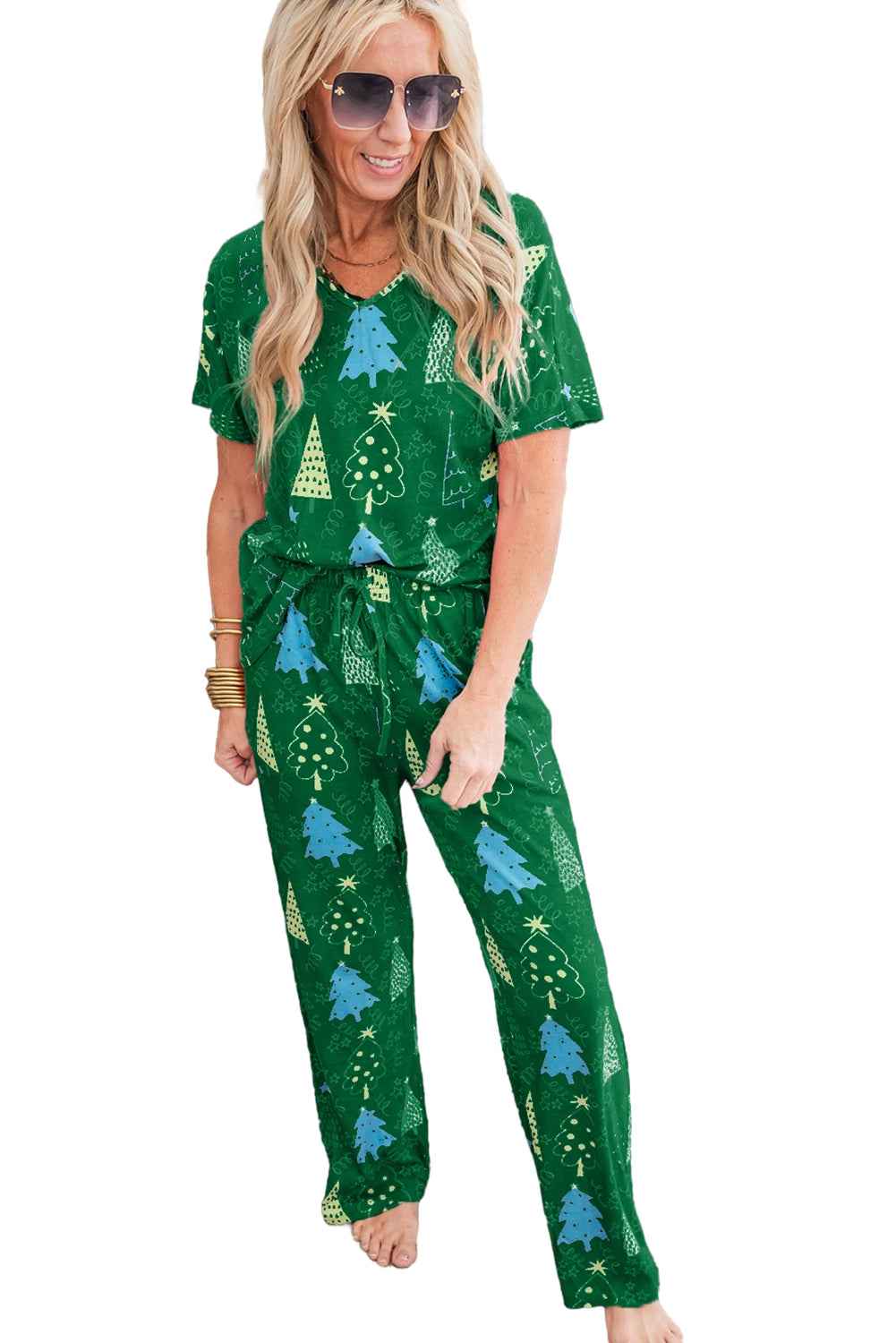 Green Christmas Tree Print V Neck Tee and Pants Pajama Set 7bebb617545e4c98