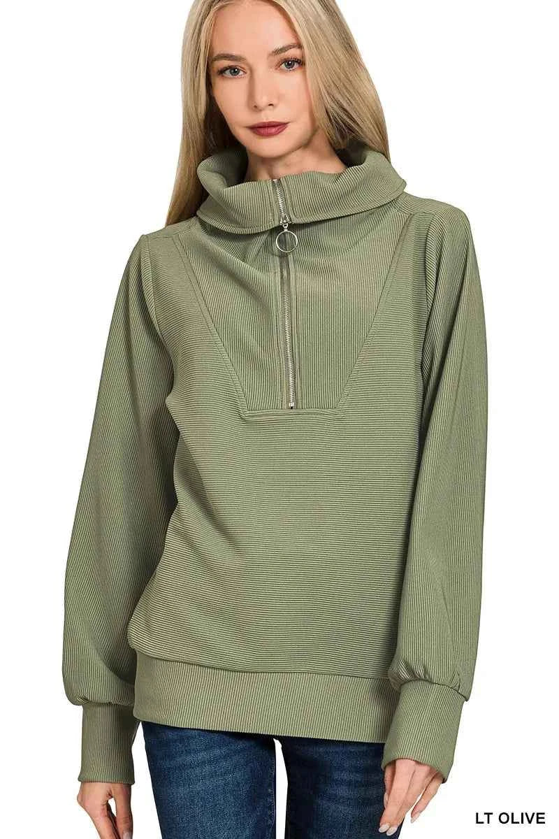 Zenana Ribbed High Neck Half Zip Pullover & Pants Set 7bf76ae576a24fb49122a571ddaaa1bb-Max-Origin