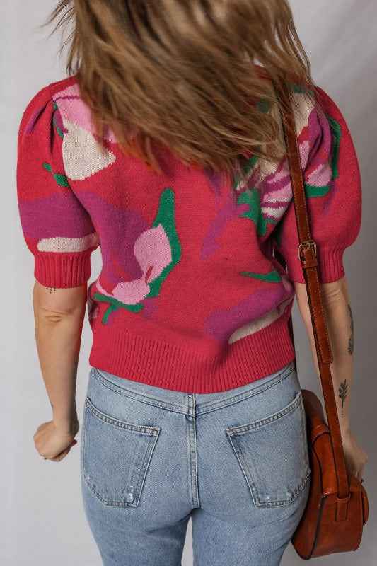 Floral Abstract Short Puff Sleeve Sweater 7c534748-e287-4756-b624-b9c0cc3c3cb6