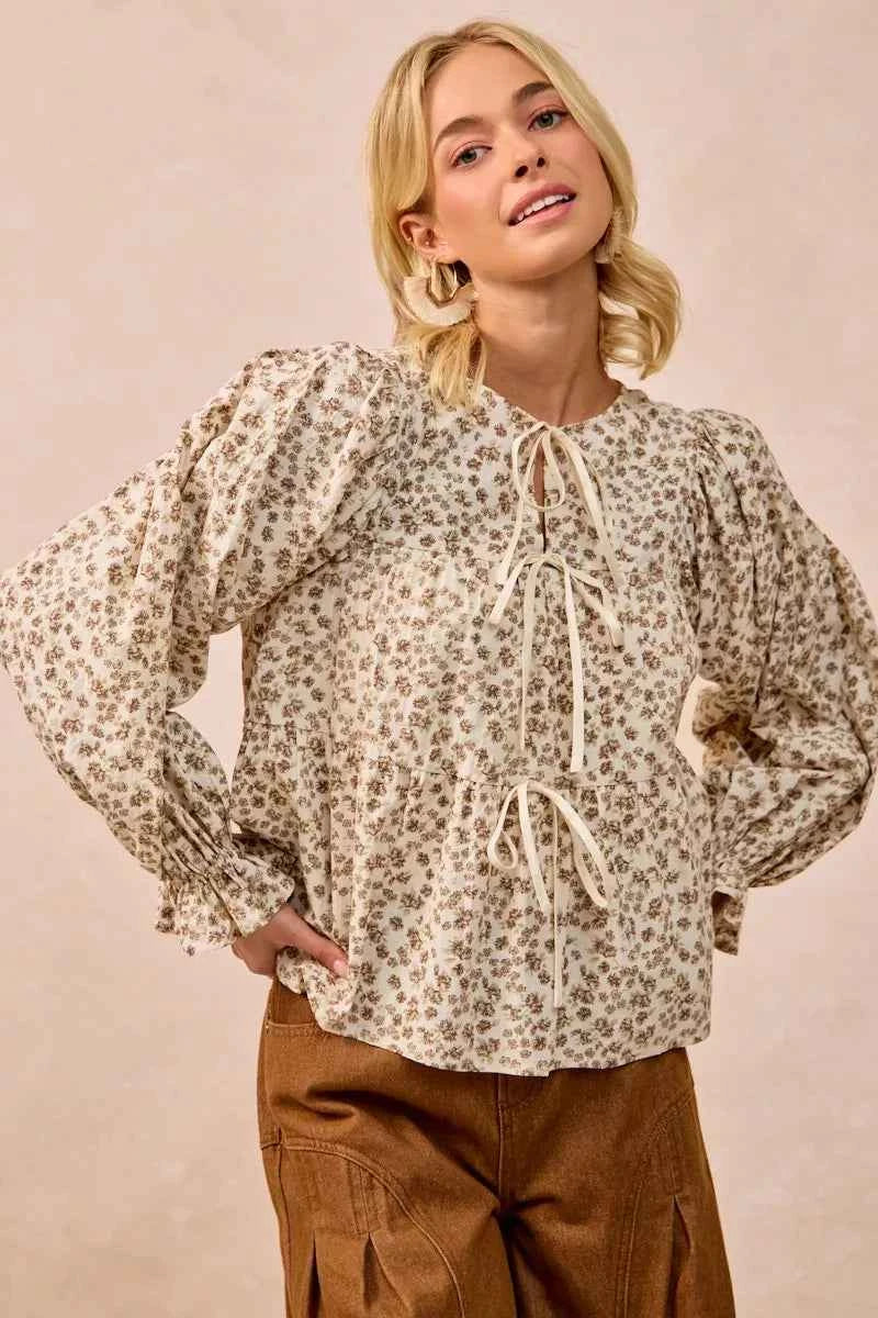 BiBi Floral Printed Peplum Blouse with Shirring and Tied 7c74977a4b8946cfa81ee9e185f2d714-Max-Origin